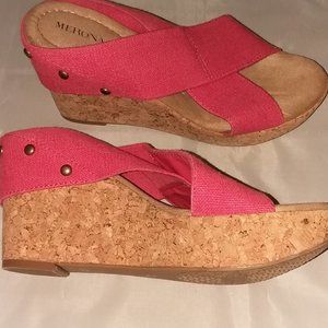 Merona Sandals Pink Elastic straps Cork Wedge Sz 8